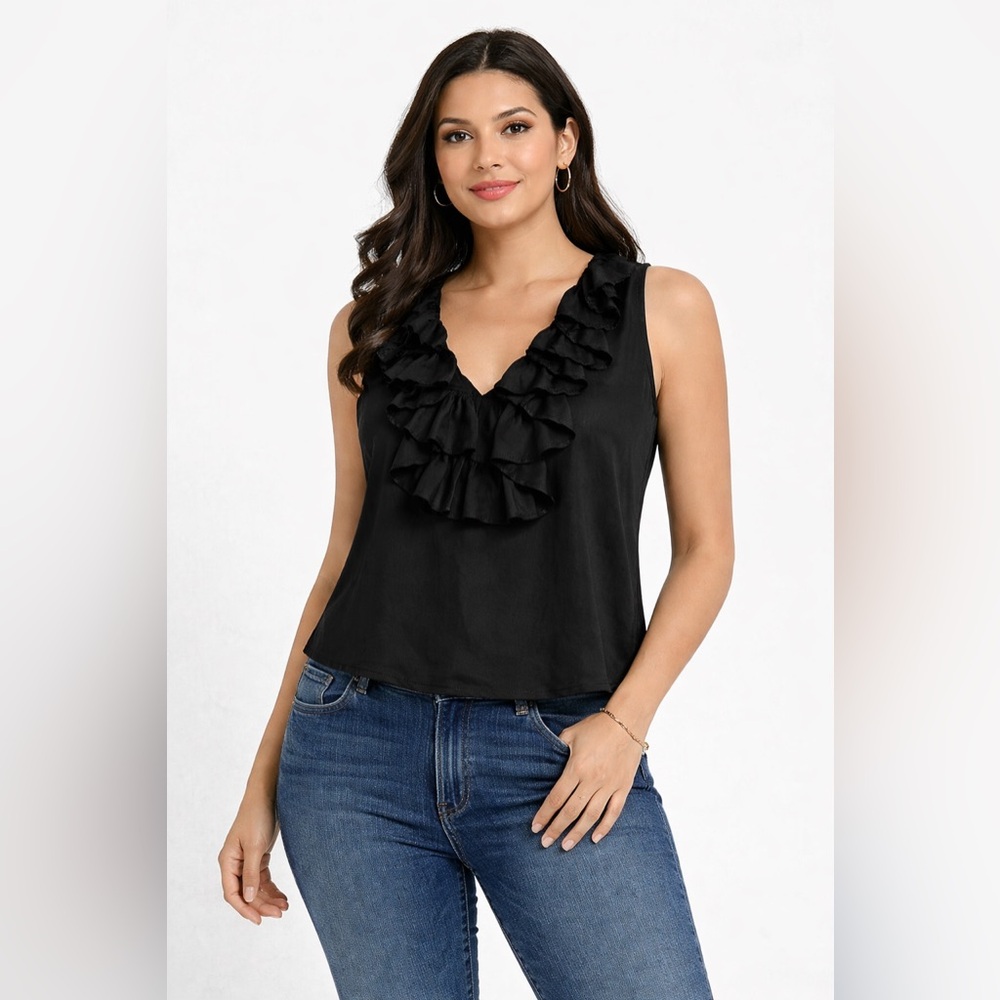 Rory Beca Black Ruffle Blouse Small Feminine Quiet Luxury Romantic Top